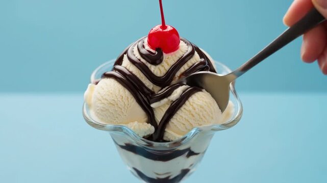 Classic Ice Cream Sundae with Chocolate Sauce, Whipped Cream and Cherry on Top