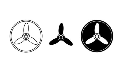 Three blade airplane propeller icon collection in outline silhouette and solid flat style for aviation and turbine concept isolated on transparent background © MdRoni