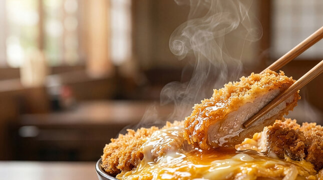 Japanese Katsudon - Extreme close-up of lifting hot tonkatsu with running egg and steam, clean copy space