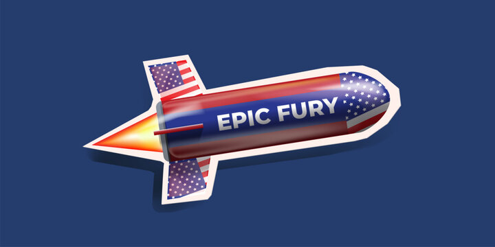 Operation Epic Fury rocket sticker with USA flag. 3D patriotic missile illustration for 4th of July and military concepts. Flying US bomb against IRAN with flame isolated on blue background vector