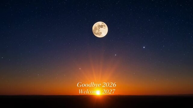 Panoramic Sunset Transition with Moon Over Horizon, Stars and Year Change in Night Sky