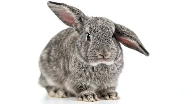 A grey bunny with drooping ears sits facing the viewer on a white surface