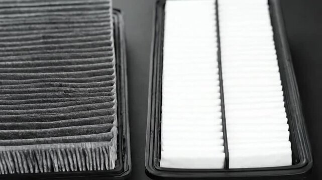 Comparison of a dirty used air filter next to a clean new one, highlighting