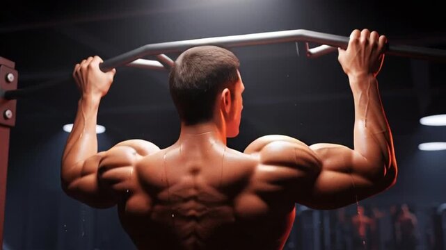 Muscular man performing pull-up exercise in a dimly lit gym environment from behind viewpoint