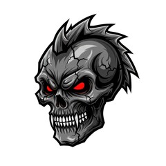 Gray skull with red eyes, jagged mohawk, and menacing expression on a white background