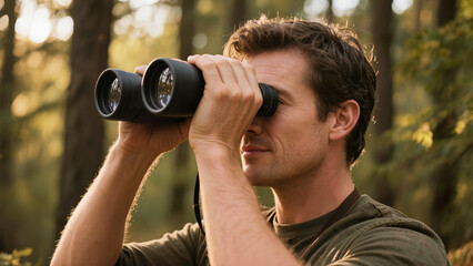 A man peers through binoculars among the trees. A perfect complement to articles on health and productivity, outdoor recreation ads, banners for attention-training courses, or illustrations for analyt