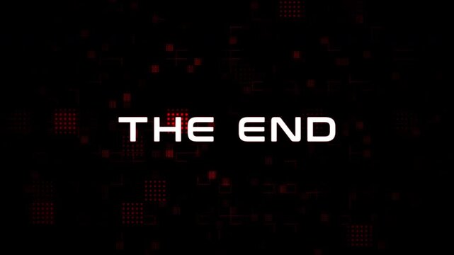 Futuristic the end text with glitch distortion effects on a digital background.