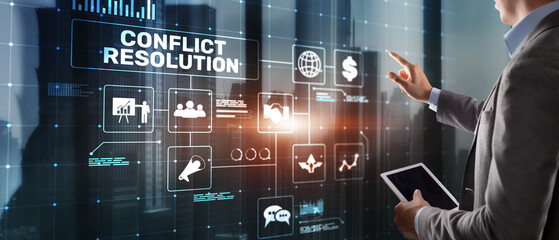 Obraz premium Professional Conflict Resolution Interface with Negotiation Strategy and Agreement Symbols