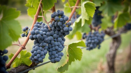 Fototapeta premium Ripe blue grapes hanging on a vine in a vineyard, close-up view