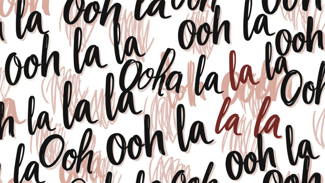 Elegant typographic pattern with the words ooh la la written in graceful black and pink cursive script on a white background.