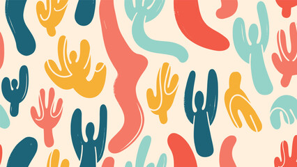 Seamless pattern of abstract organic shapes in teal coral and yellow on a neutral cream background for modern decor.