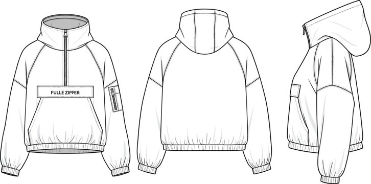 Technical fashion flat sketch of a hooded quarter zip anorak jacket with raglan sleeves and pocket details for apparel design tech packs.