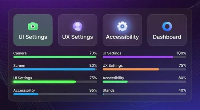 Dashboard displaying UI settings, UX settings, and accessibility options with progress bars.