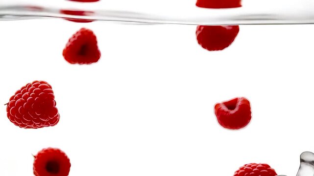 Fresh red raspberries falling into clear water creating splashes and bubbles against clean white surface
