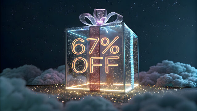 Holographic gift box with 67 percent off neon sign in snowy winter sale background