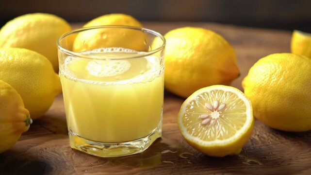 A refreshing glass of yellow juice is surrounded by ripe, yellow citrus fruit. A halved lemon reveals its seeds. The juice is freshly made, and placed on wood