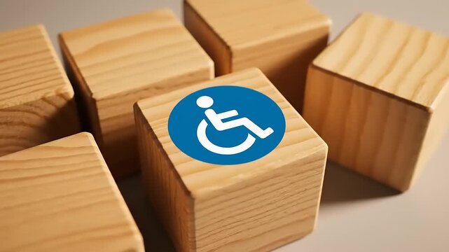 Wooden Blocks with Disability Symbol Closeup.