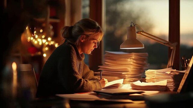 Teacher grading papers at a cozy desk under warm evening light capturing the dedication of educators working after hours in a cinematic three-quarter view.