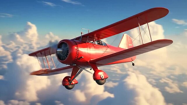 Red vintage biplane flying gracefully through a beautiful blue sky with f white