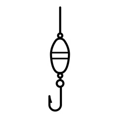 Illustration vectorielle minimaliste représentant un hameçon de pêche avec flotteur, en dessin au trait noir et blanc. Symbole du littoral et de la tradition maritime bretonne. © Manon