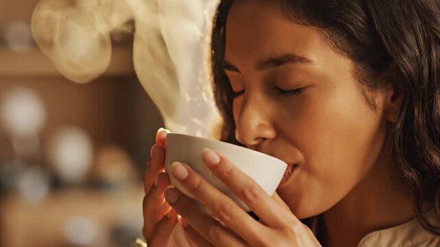 A close-up shot beautifully captures a person with their eyes gently closed, savoring a warm, steaming beverage held in a simple white ceramic cup. Soft, golden light bathes the scene, highlighting th