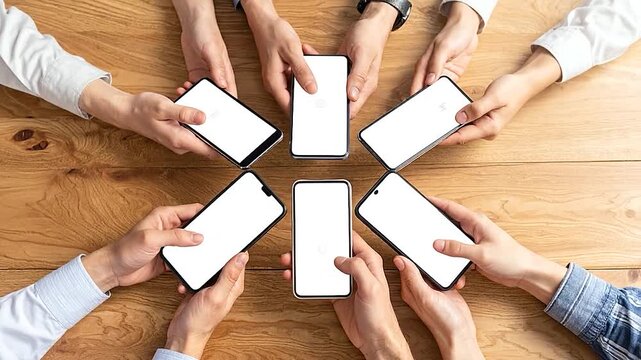 Diverse group of people holding modern smartphones with blank screens in