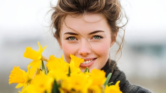 A cheerful young woman with captivating green eyes and a radiant smile holds a vibrant bouquet of yellow daffodils, embodying the revitalizing spirit of spring.