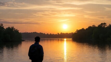 Fototapeta premium Person with backpack watching sunrise by tranquil lake shore.