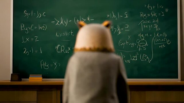 Student wearing animal hat standing before classroom chalkboard filled with complex mathematics equations during study session