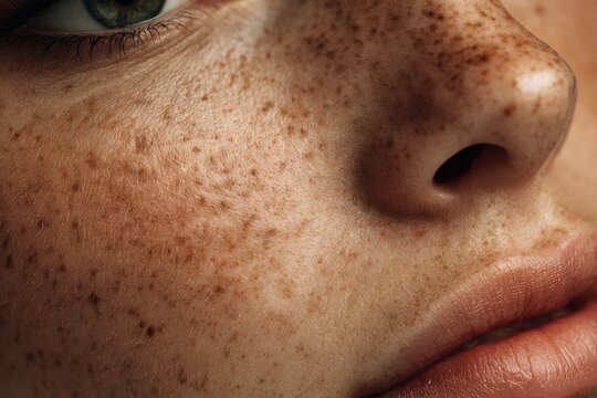 Ultra detailed macro of freckled skin texture with visible pores and natural tone, realistic beauty concept for dermatology, skincare advertising and inclusive cosmetics branding.