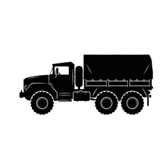 Fototapeta premium Black Silhouette Military Cargo Truck Side View – Solid Vector Isolated on White