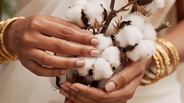 Closeup of gentle hands adorned with golden bangles holding a delicate bouquet of natural cotton bolls showcasing organic texture and warmth.