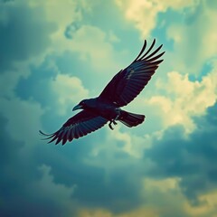 Fototapeta premium A black crow is flying in the sky above a cloudy blue sky