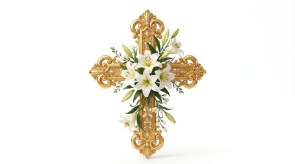 Ornate Christian cross with white blooming lilies, encouraging design,  solid gold, smooth rounded polished surface,  isolated on white background, minimal shadow
