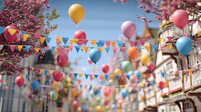 Joyful Street Celebration: A vibrant street scene, alive with colorful balloons and festive bunting, evokes a feeling of sheer joy.