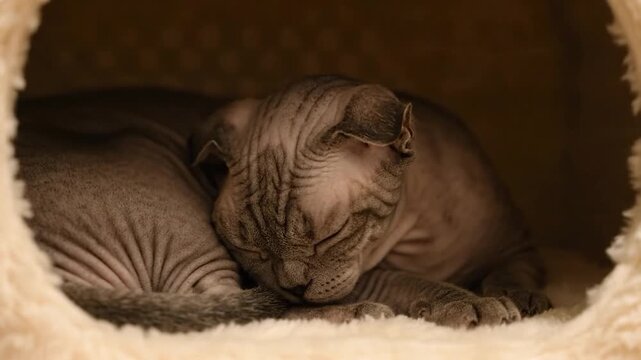 A hairless cat rests peacefully inside a cozy, fuzzy bed. The cat's skin is detailed