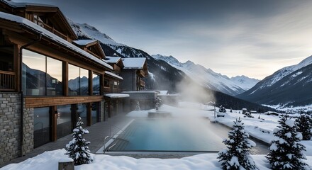 Luxury Winter Resort with Heated Outdoor Pool and Snowy Mountain View