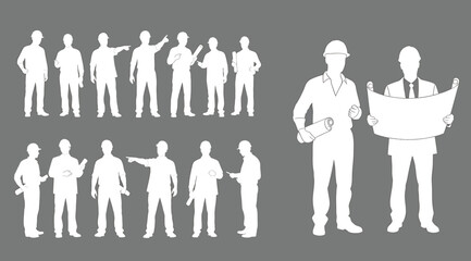 Fototapeta premium Collection of various construction workers and laborers in different poses and uniforms on gray background