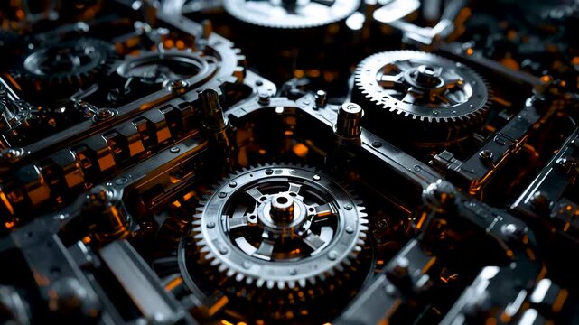 Intricate mechanical gear system with rotating metal cogs inside complex industrial machinery illuminated by dramatic lighting
