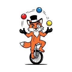 Cartoon Fox Juggling Balls on Unicycle. © Pandamint