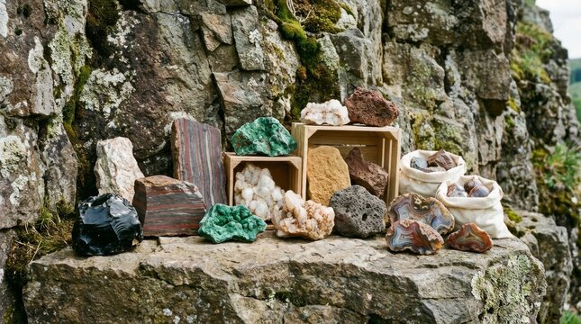 Diverse geological rock and mineral samples displayed outdoors