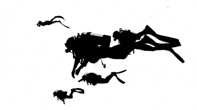 Scuba Divers Swimming Underwater Silhouette.