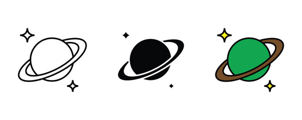 Saturn planet with rings and stars icon set. Astronomical symbol for outer space exploration, solar system science, and cosmic universe design. Vector Illustration. © NH RIDOY