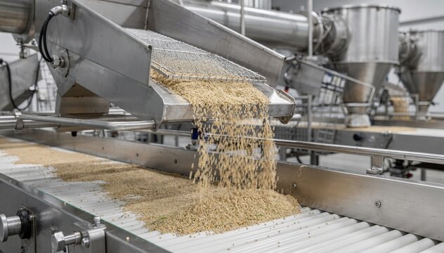 Medium shot showing vibratory feeder releasing trace nutrients into a continuous production line ensuring accurate micro ingredient dosing.