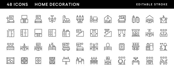 Icons. Home decoration icon collection. Interior, room design, decor, modern home, furniture and more. Editable stroke. Pixel Perfect. Grid base 32 x 32. © Russarts