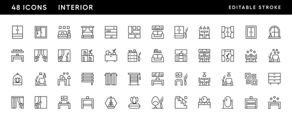 Interior icon collection. Home decoration, mirror, cupboard, chandelier, curtain, furniture and more. Editable stroke. Pixel Perfect. Grid base 32 x 32.