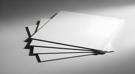 Stack of blank white cards, fanned out, on gray background, shadows