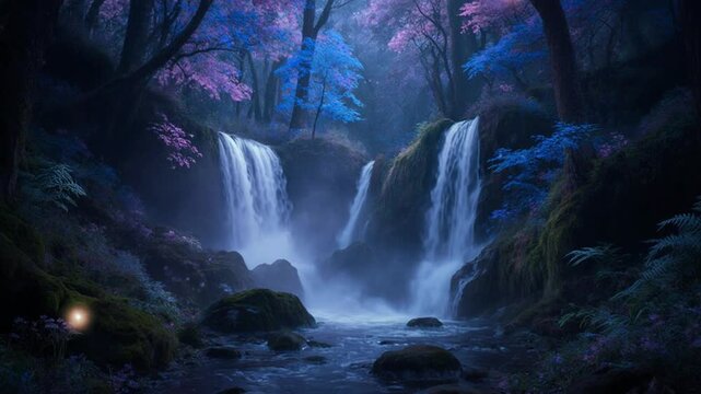 Mystical Forest Waterfall Scene with Fireflies.