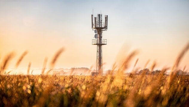 Focused view of a wireless broadband tower framed by gently blurred golden fields at dawn highlighting early morning rural connectivity.