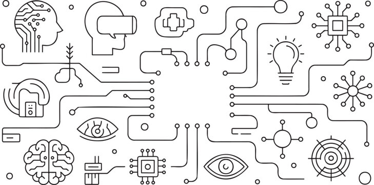A detailed line drawing illustrates the complex connections within artificial intelligence and machine learning systems